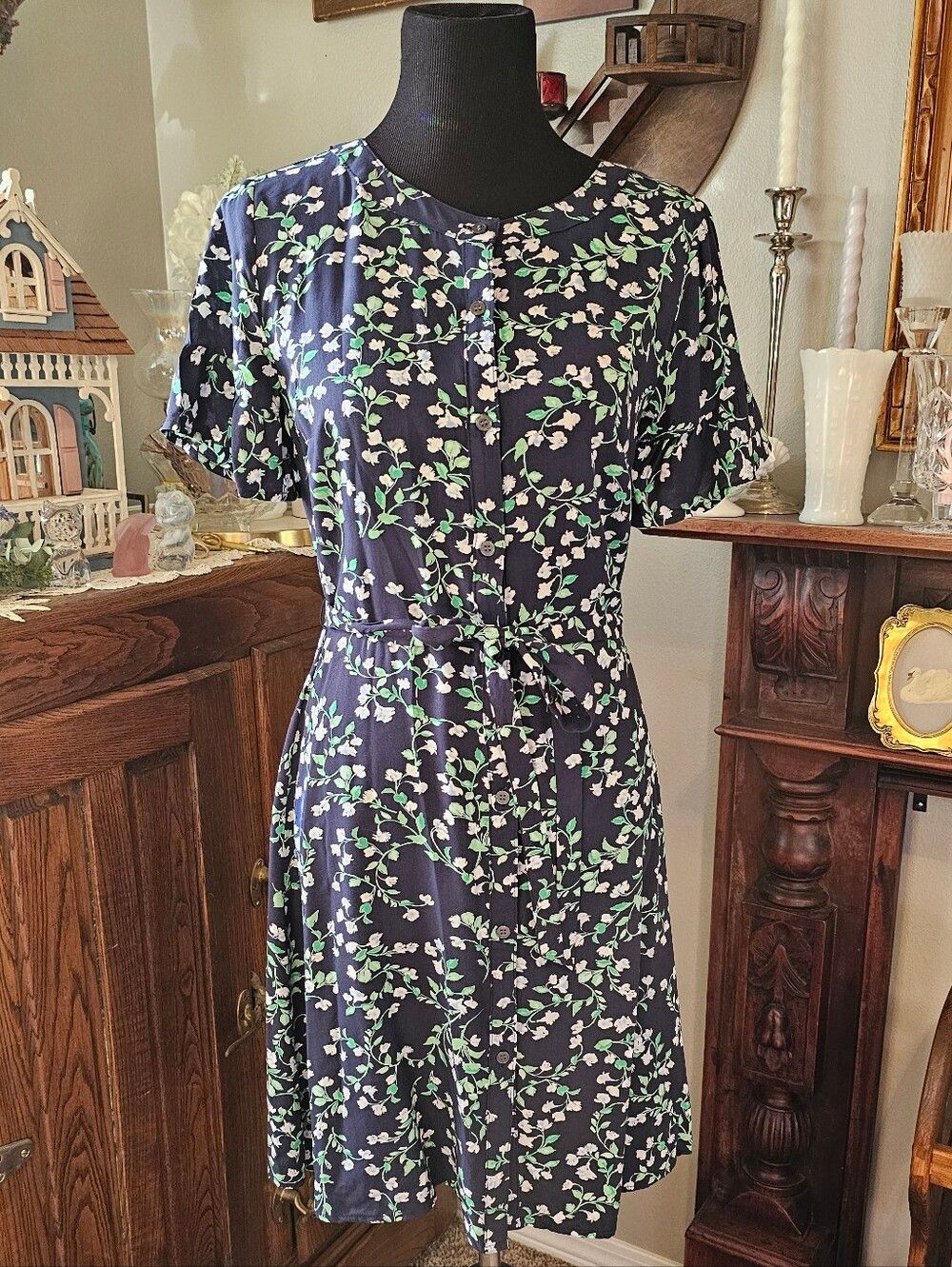 LOFT Outlet Floral Button Front Rayon Dress 0 Navy Blue Tie Waist Cottagecore